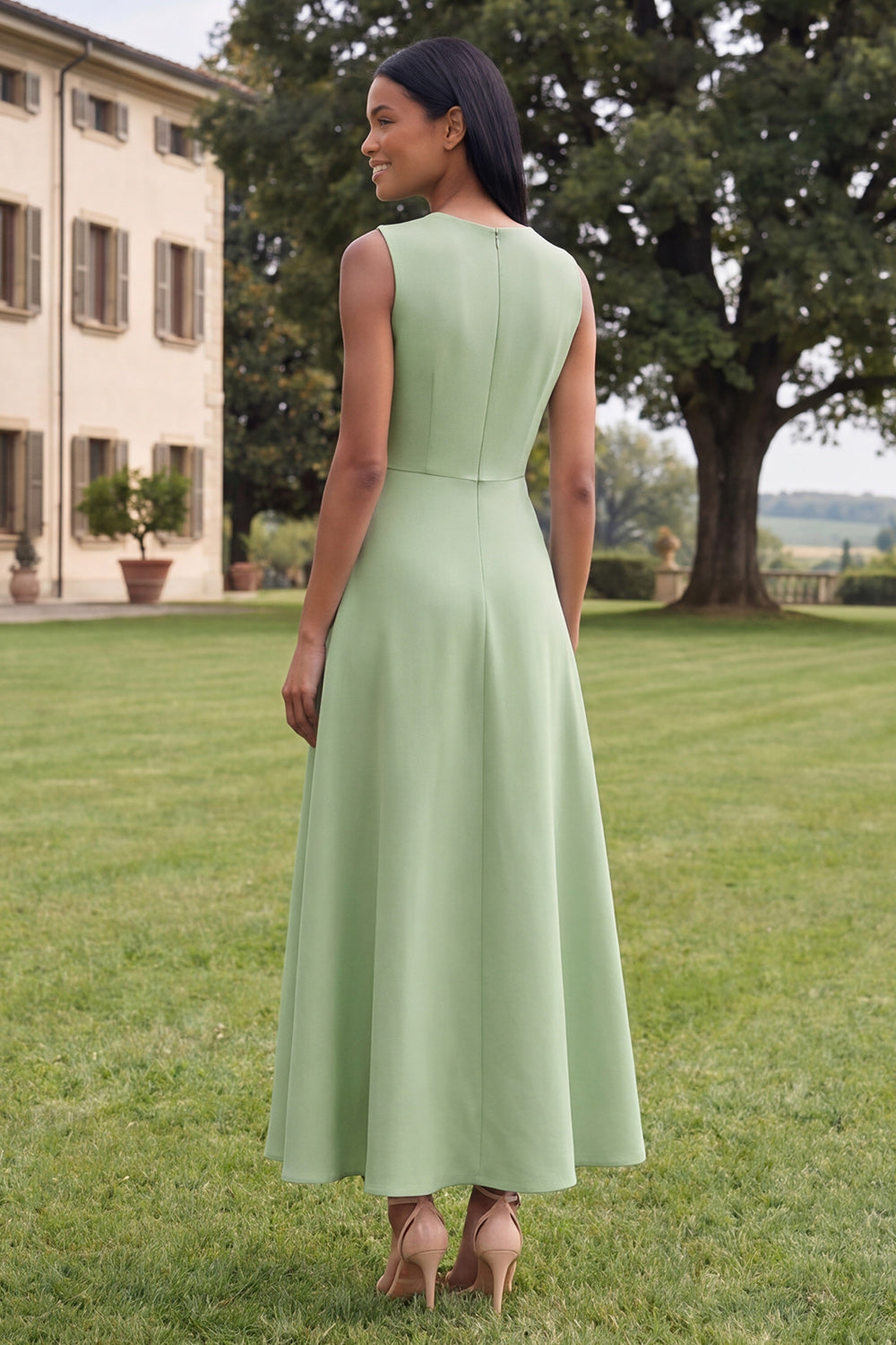 A Line Round Neck Yellow Floral Maxi Formal Dress
