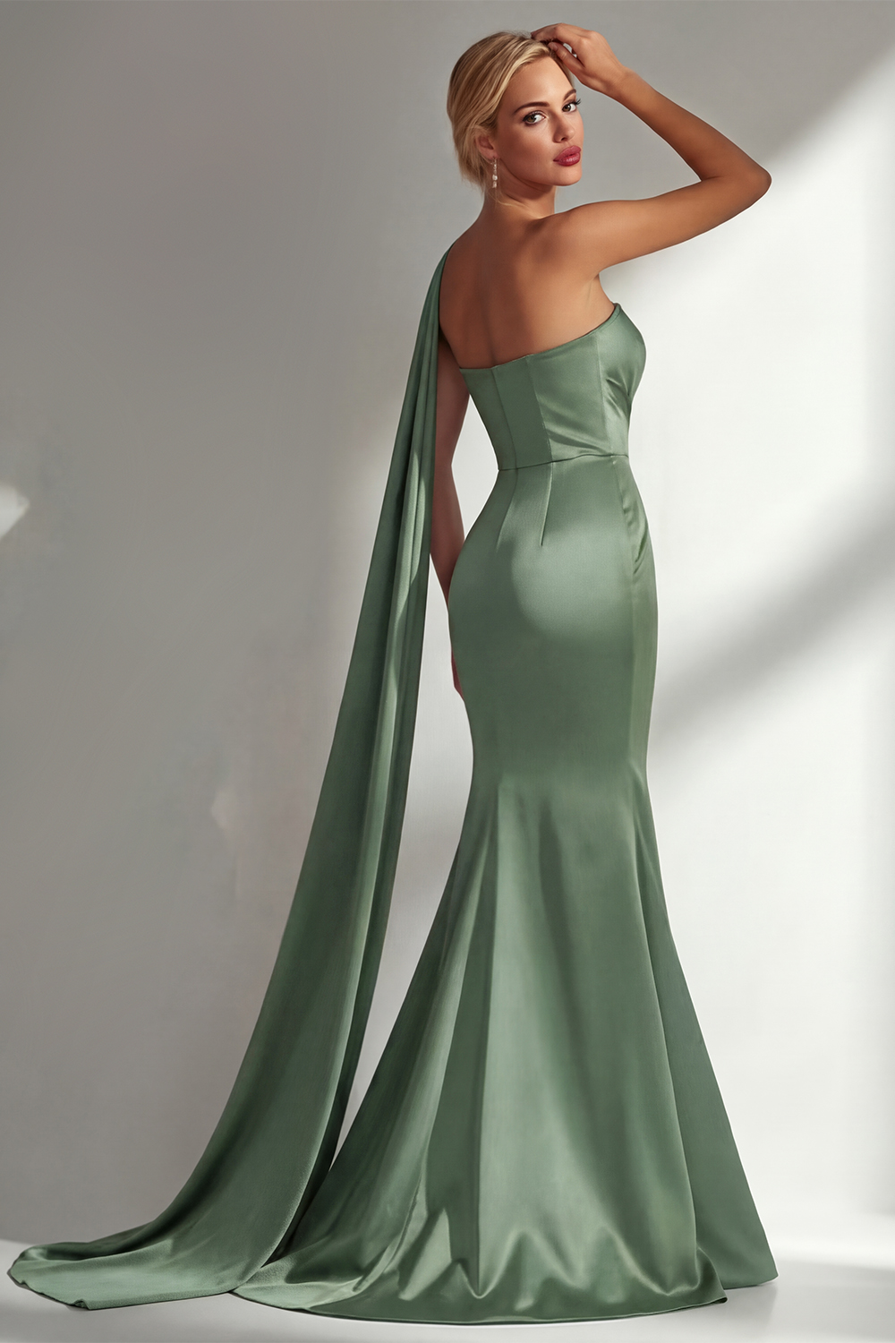 Elegant Burgundy Mermaid Neck Scarf Ruched Long Satin Prom Dress