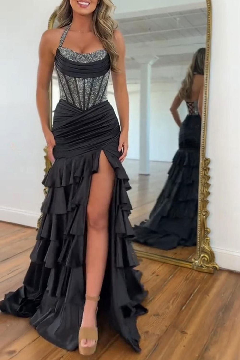Sparkly Black Mermaid Tiered Corset Long Satin Prom Dress with Slit
