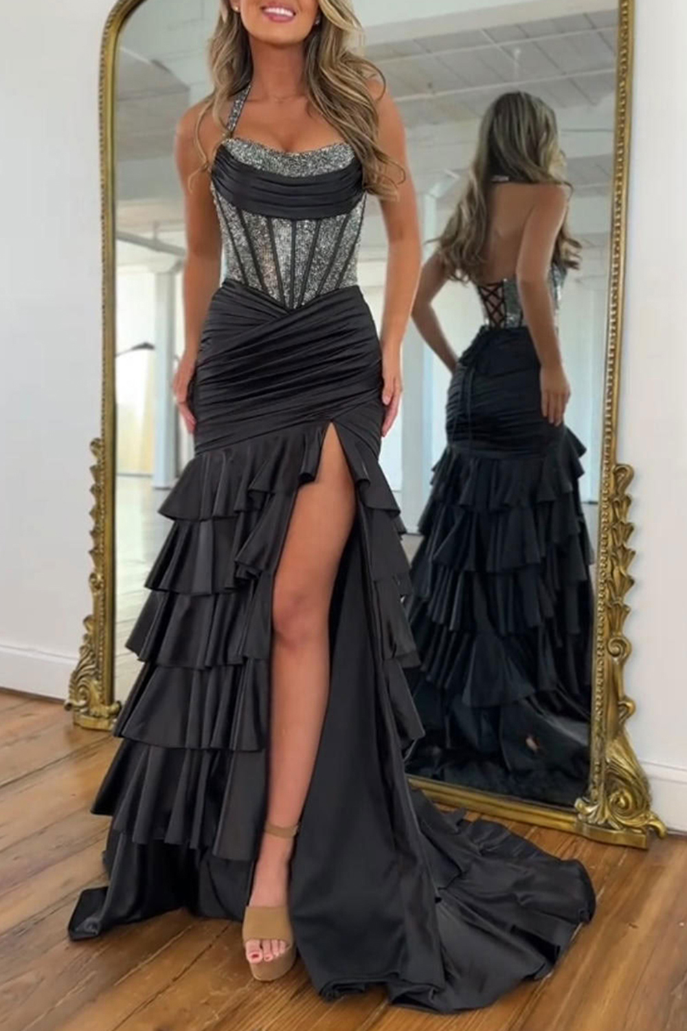 Sparkly Black Mermaid Tiered Corset Long Satin Prom Dress with Slit