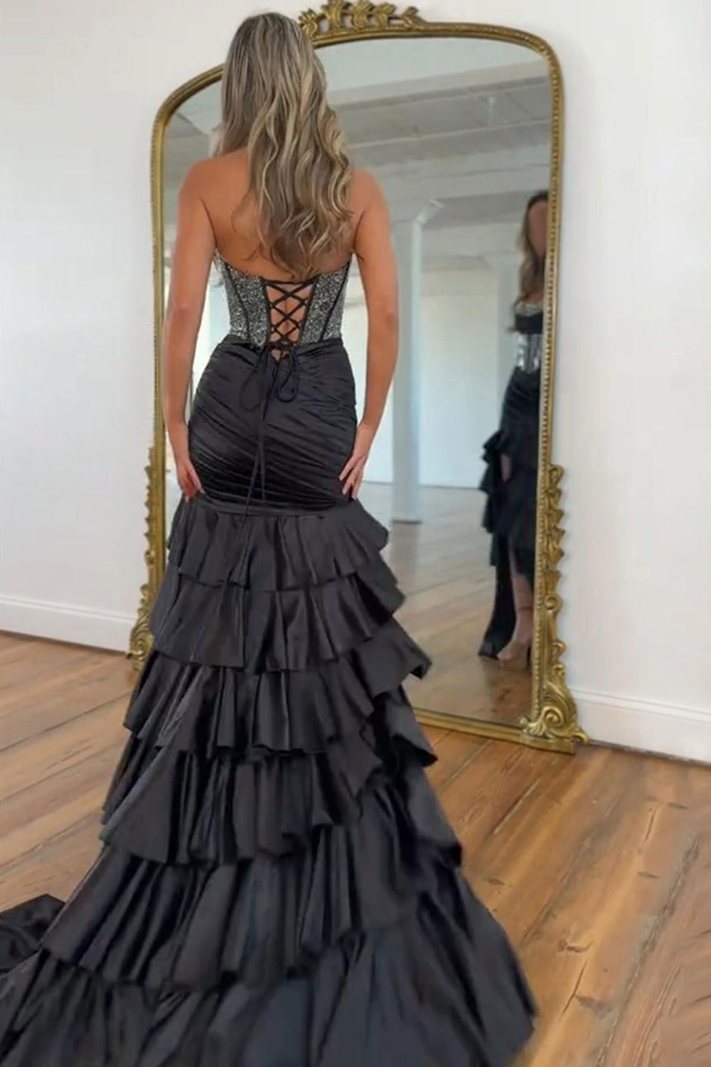 Sparkly Black Mermaid Tiered Corset Long Satin Prom Dress with Slit