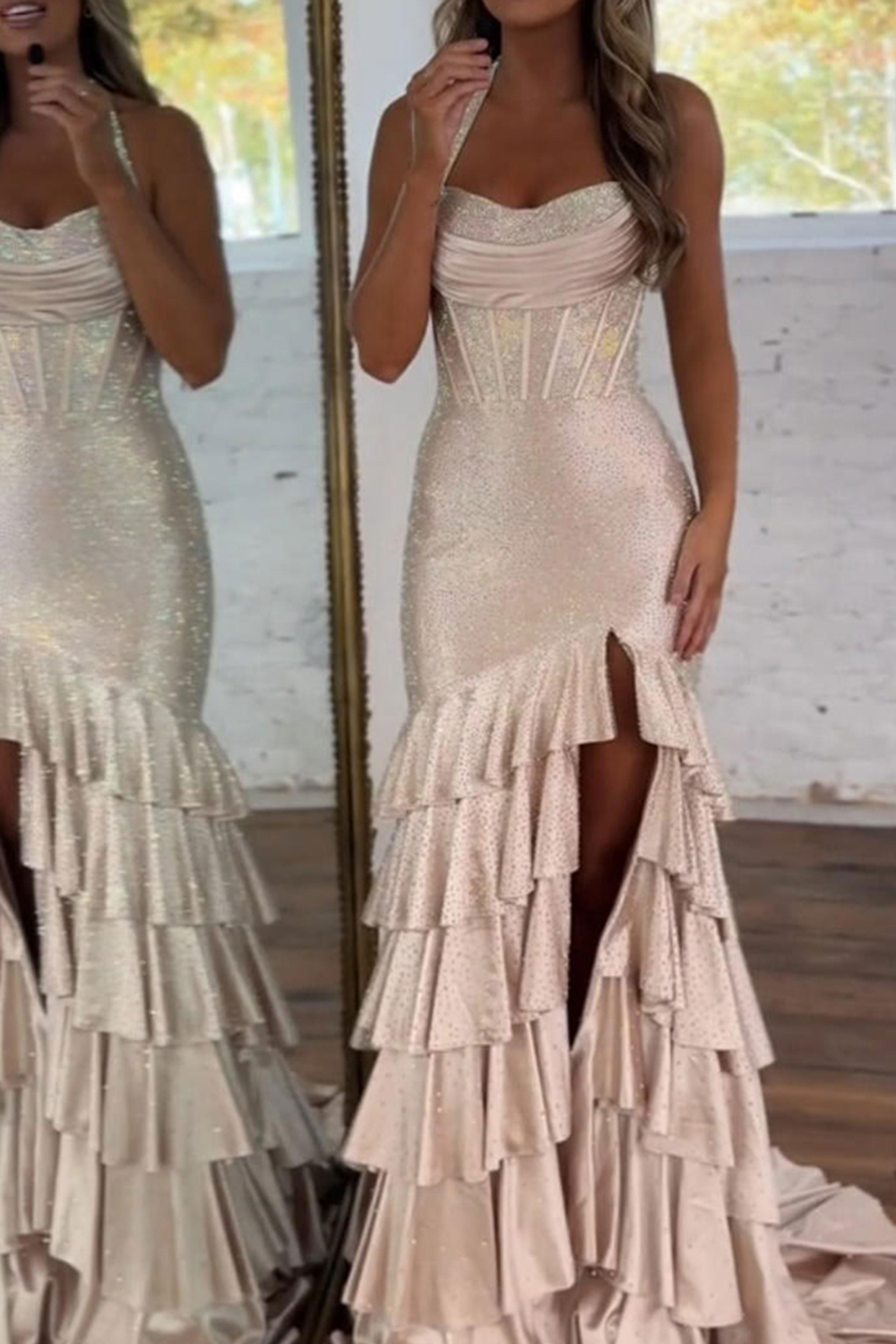 Sparkly Black Mermaid Tiered Corset Long Satin Prom Dress with Slit