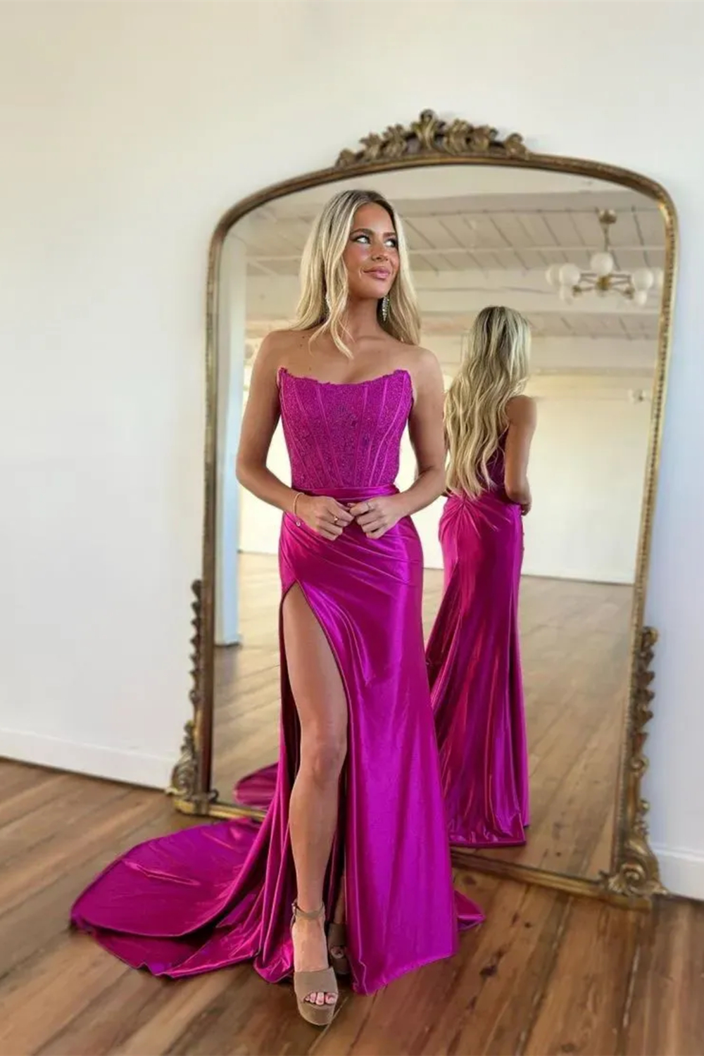 Royal Blue Sweetheart Mermaid Satin Long Corset Prom Dress with Slit