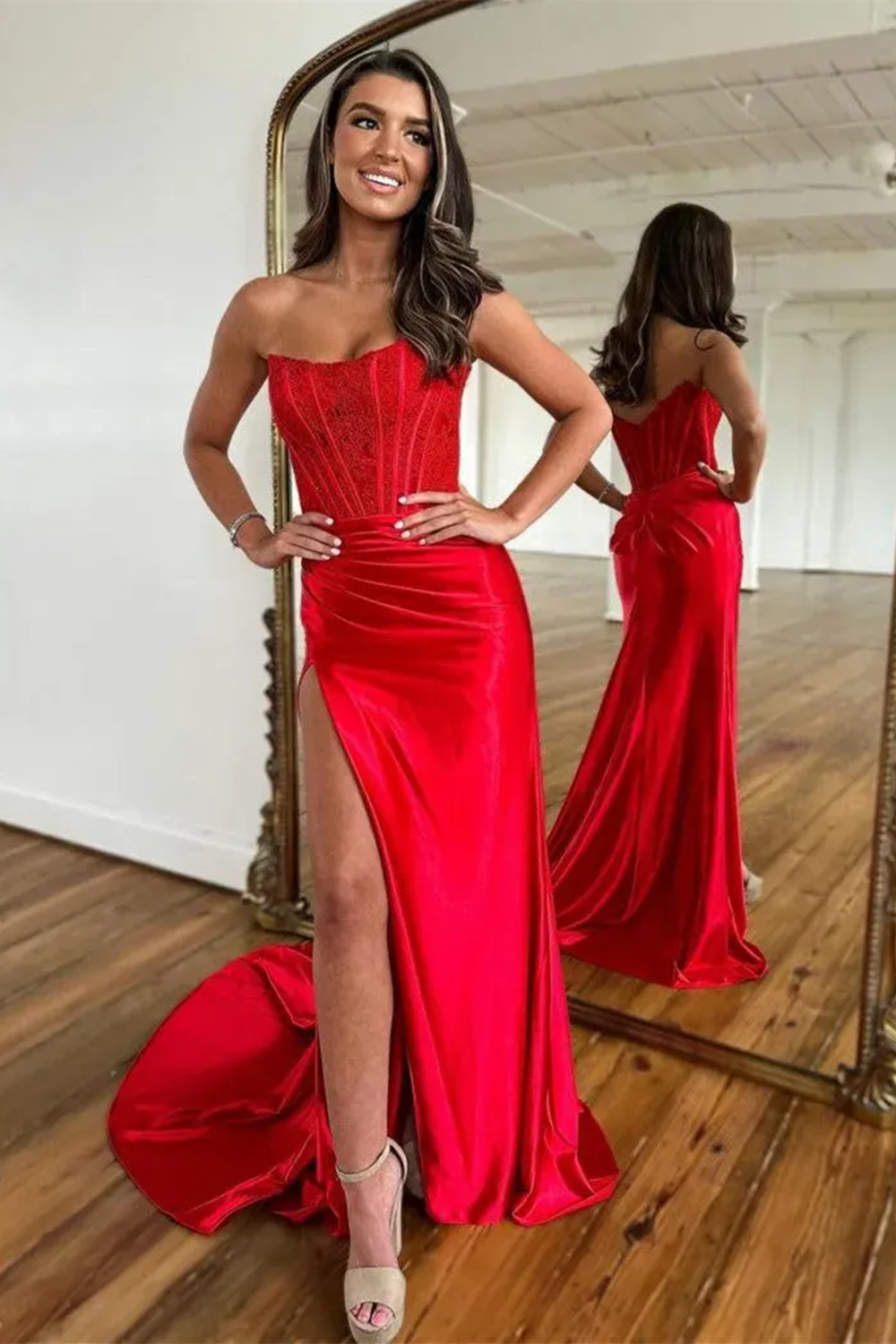 Royal Blue Sweetheart Mermaid Satin Long Corset Prom Dress with Slit