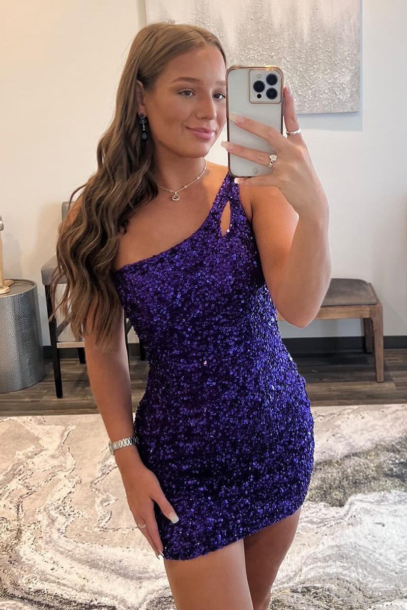 Sparkly Bodycon One Shoulder Dark Purple Sequins Short Homecoming Dress with Keyhole