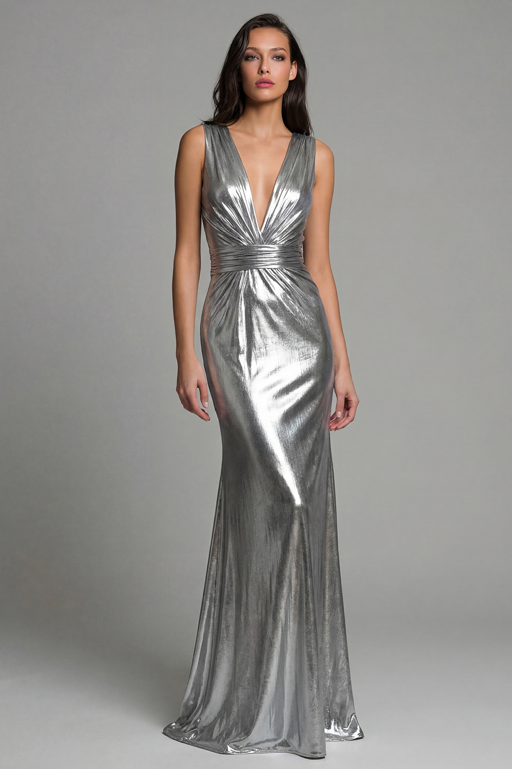 Sparkly Gold Mermaid Metallic Deep V-Neck Ruched Long Formal Dress