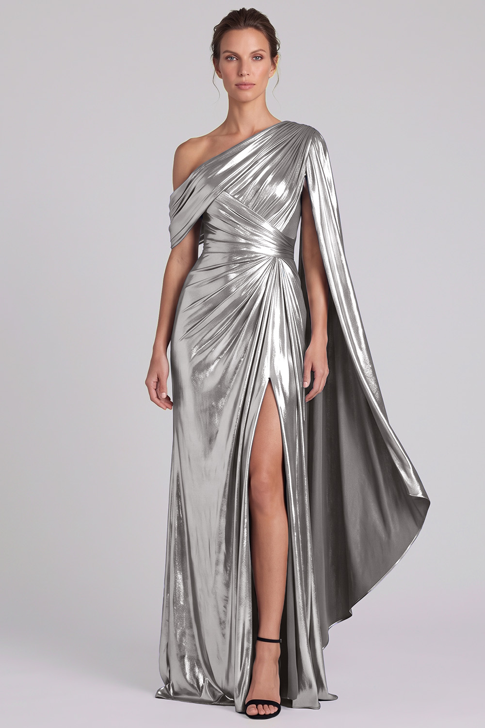 Gold Metallic Sheath Ruched One Shoulder Long Formal Dress with Slit
