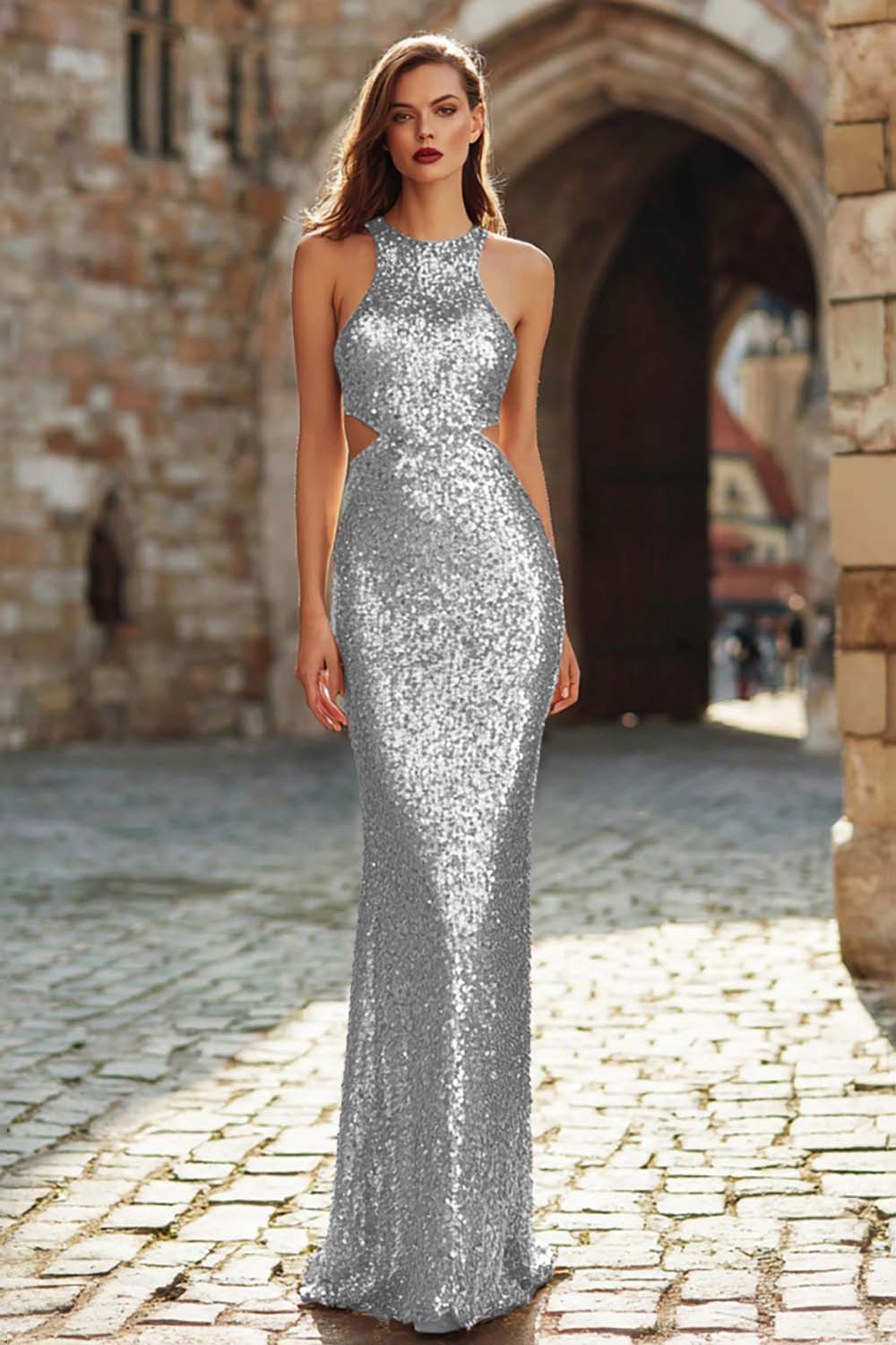 Sparkly Gold Sequin Cut Out Long Mermaid Holiday Party Dress