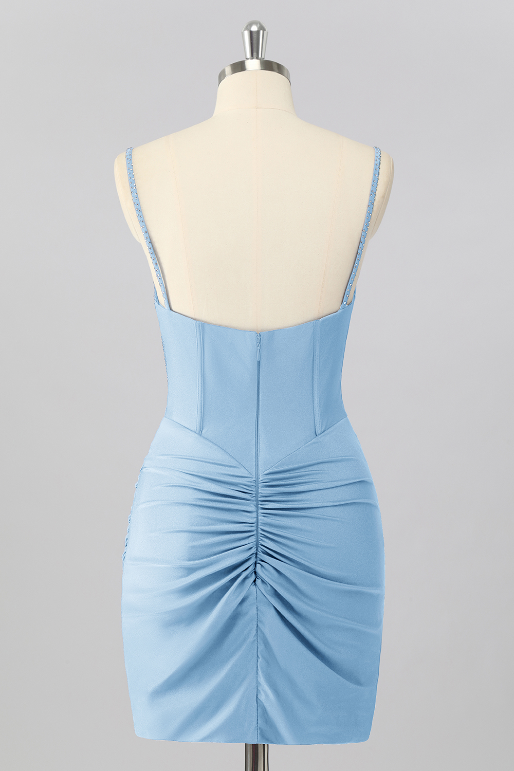 Sparkly Sky Blue Tight Ruched Short Corset Homecoming Dress with Beading