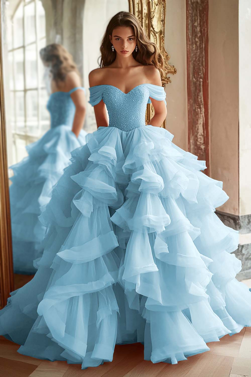 Pink Ball Gown Tulle Off the Shoulder Tiered Long Prom Dress