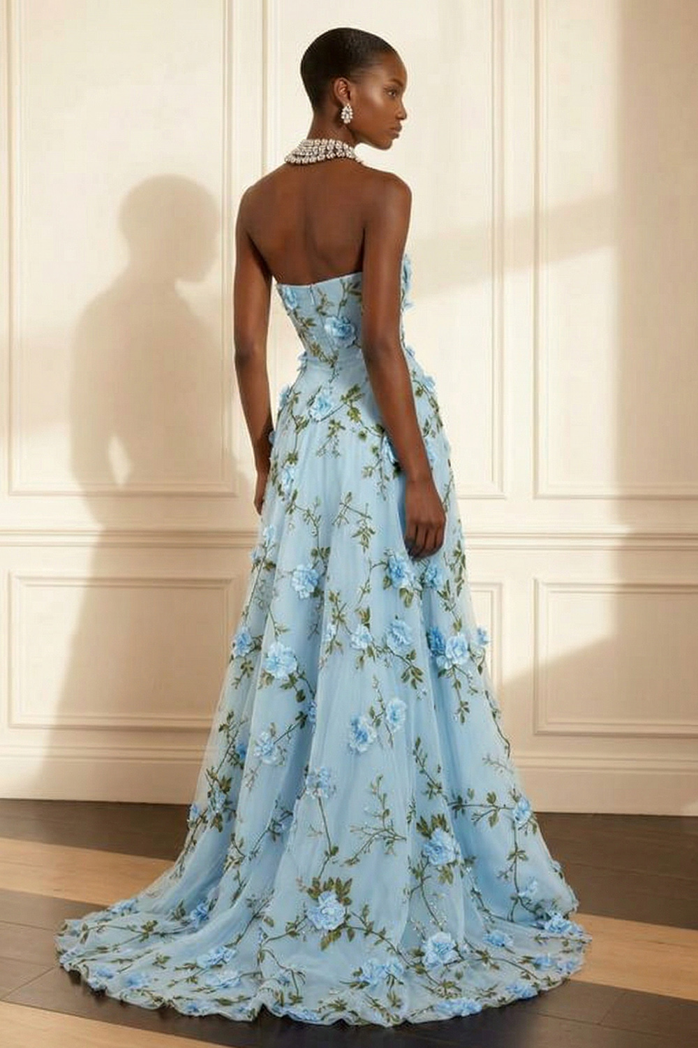 Floral Purple Strapless A Line Long Corset Prom Dress