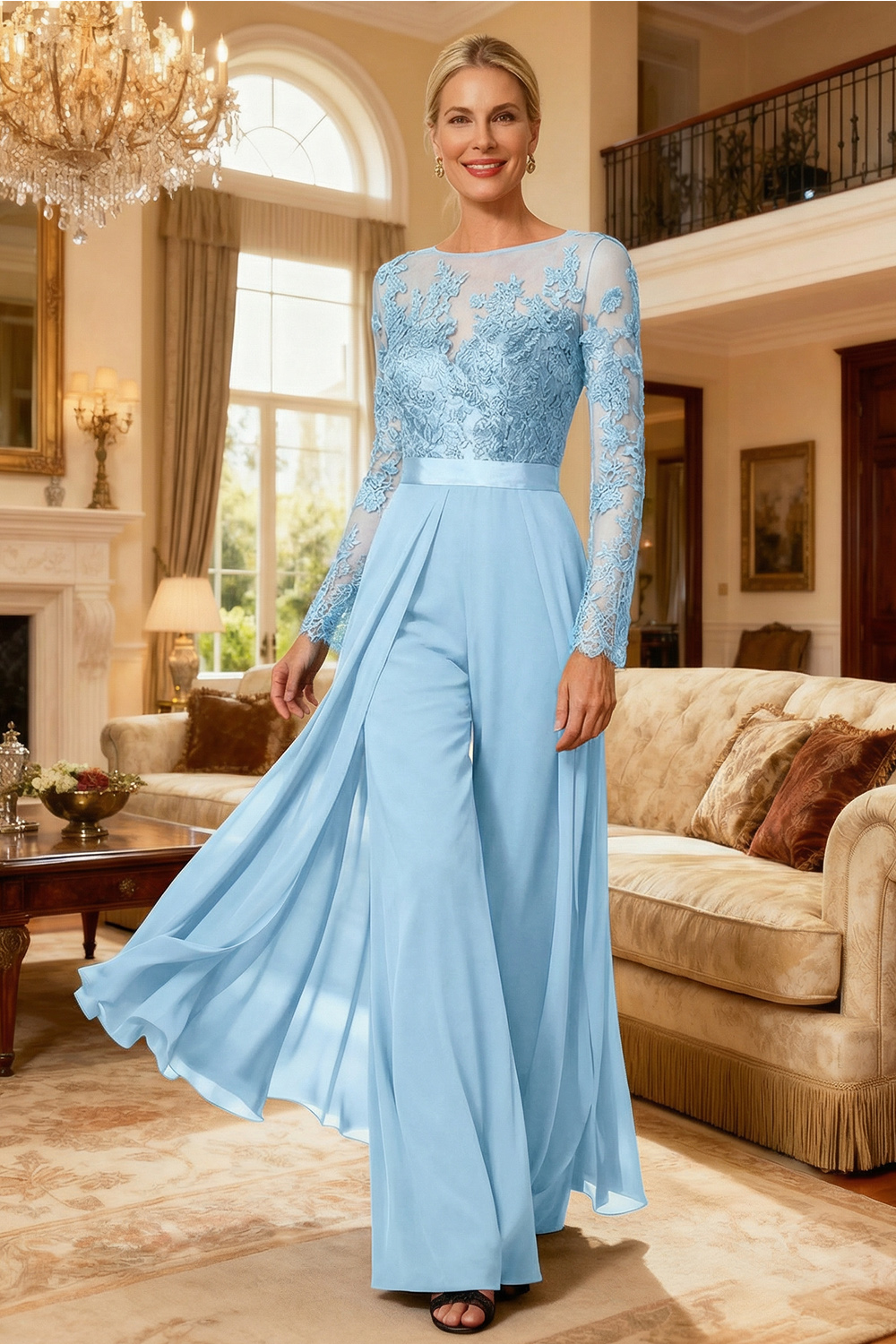 Black Illusion Neck Chiffon Mother of the Bride Pant Suits with Side Cape