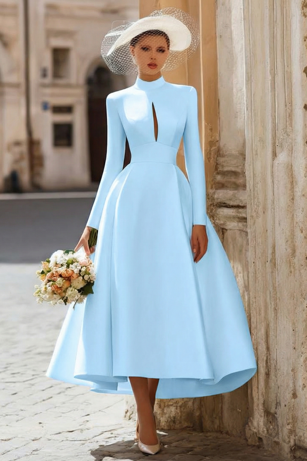 Vintage Ivory High Neck A Line Keyhole Long Sleeves Wedding Dress