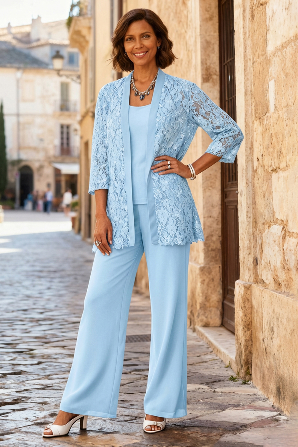 3-Piece Light Grey Round Neck Chiffon Mother of the Bride Pant Suits with Jacket