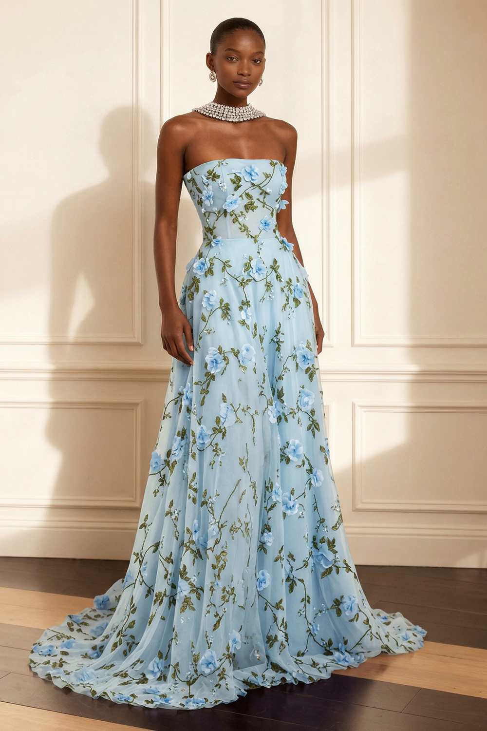 Floral Purple Strapless A Line Long Corset Prom Dress