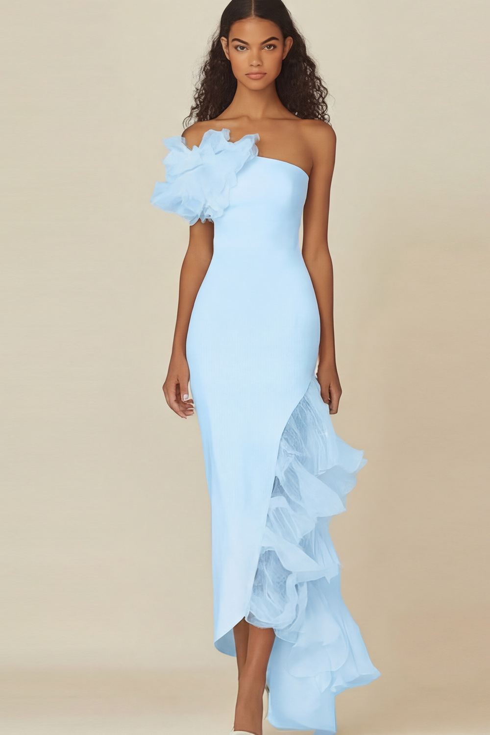 White Sheath Asymmetrical Long Ruffled Rehearsal Dinner Dress