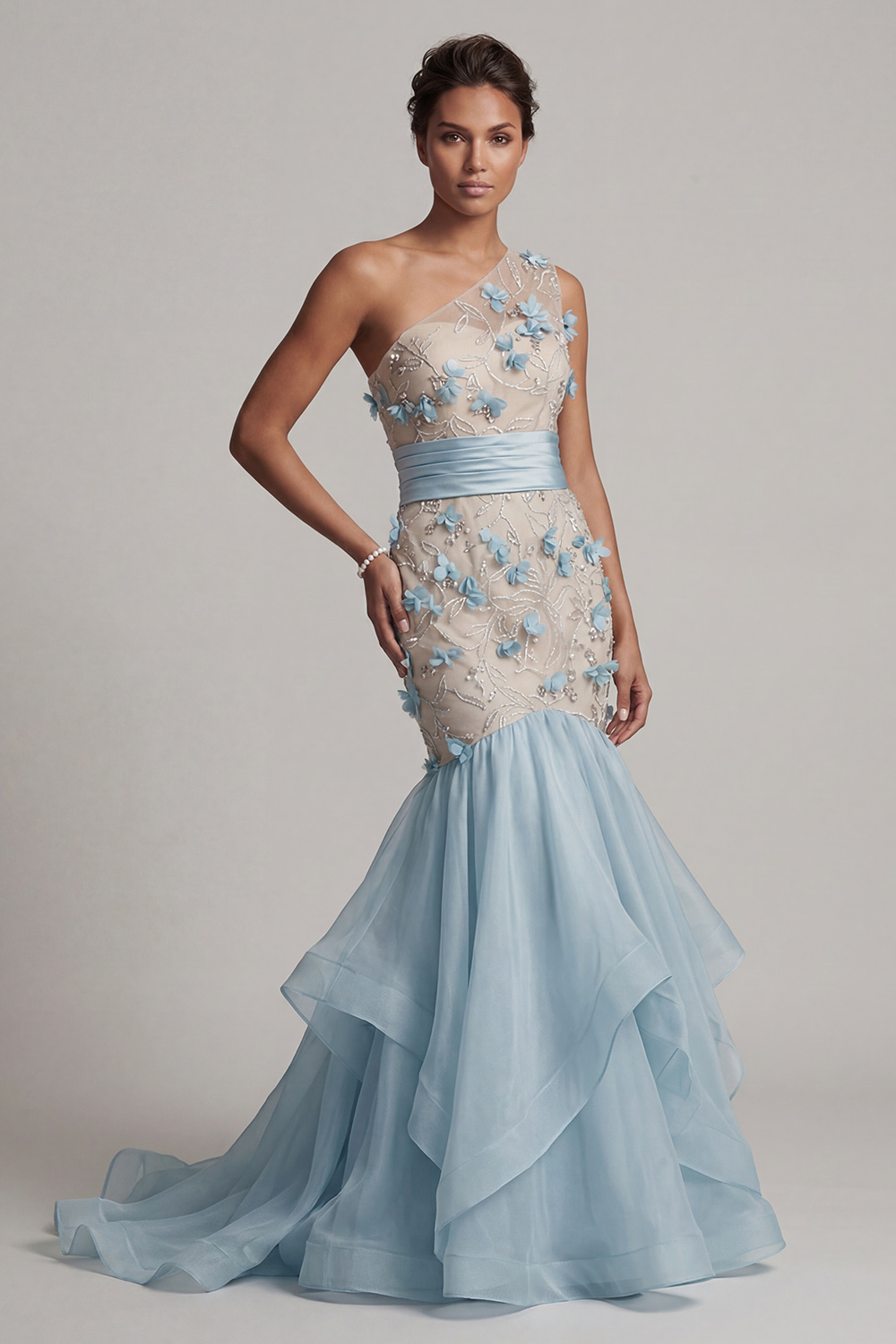 Blush Floral Mermaid Long Mother of the Bride Dress with Ruffles