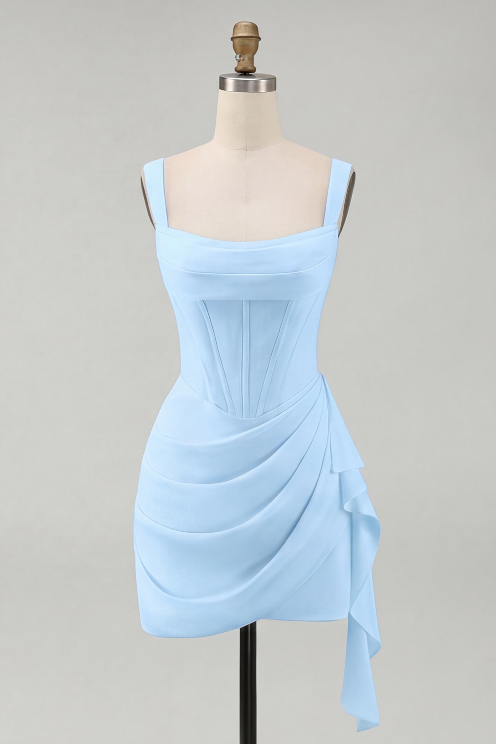 Cute Ivory Corset Satin Thick Straps Ruched Short Graduation Dress with Ruffles