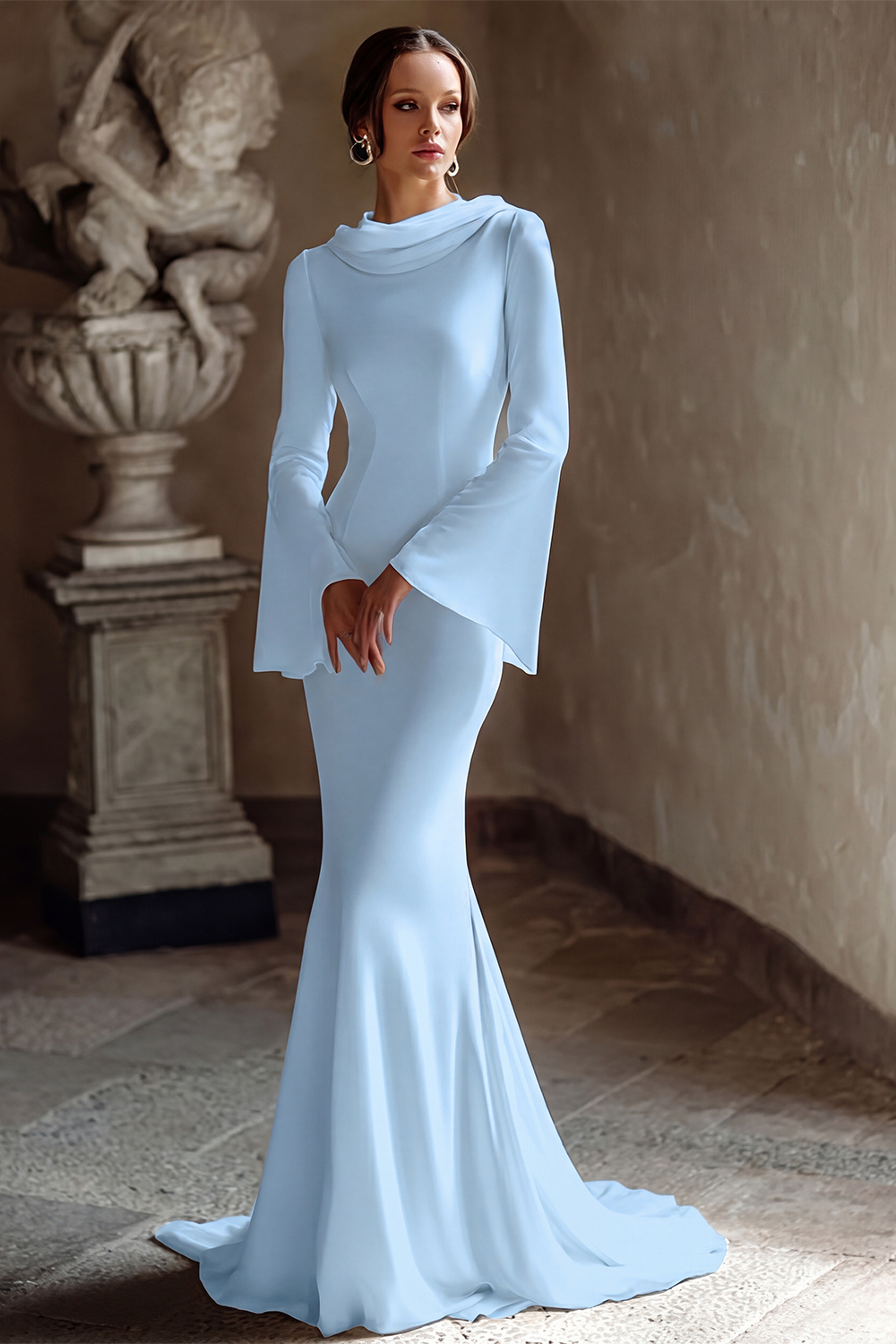 Ivory Mermaid Chiffon Cowl Neck Sweep Train Vintage Wedding Dress