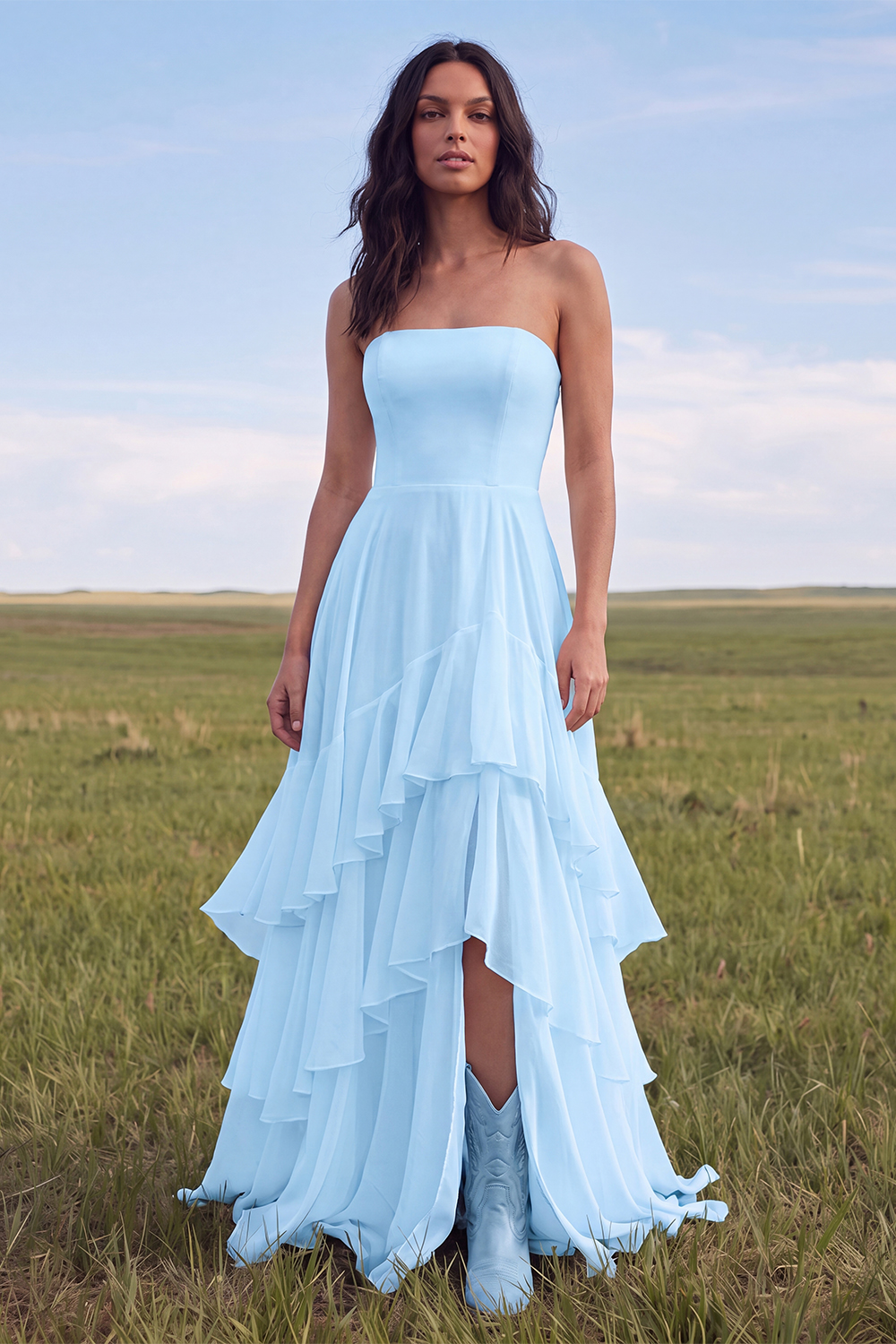 Ivory Strapless A Line Sweep Train Ruffled Beach Engagement Dress with Slit