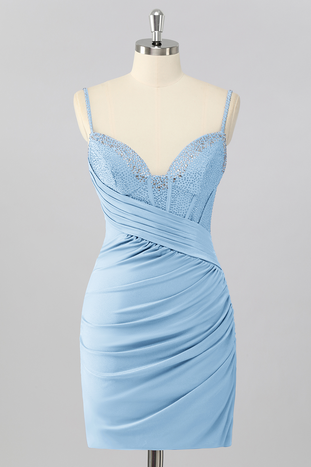 Sparkly Sky Blue Tight Ruched Short Corset Homecoming Dress with Beading