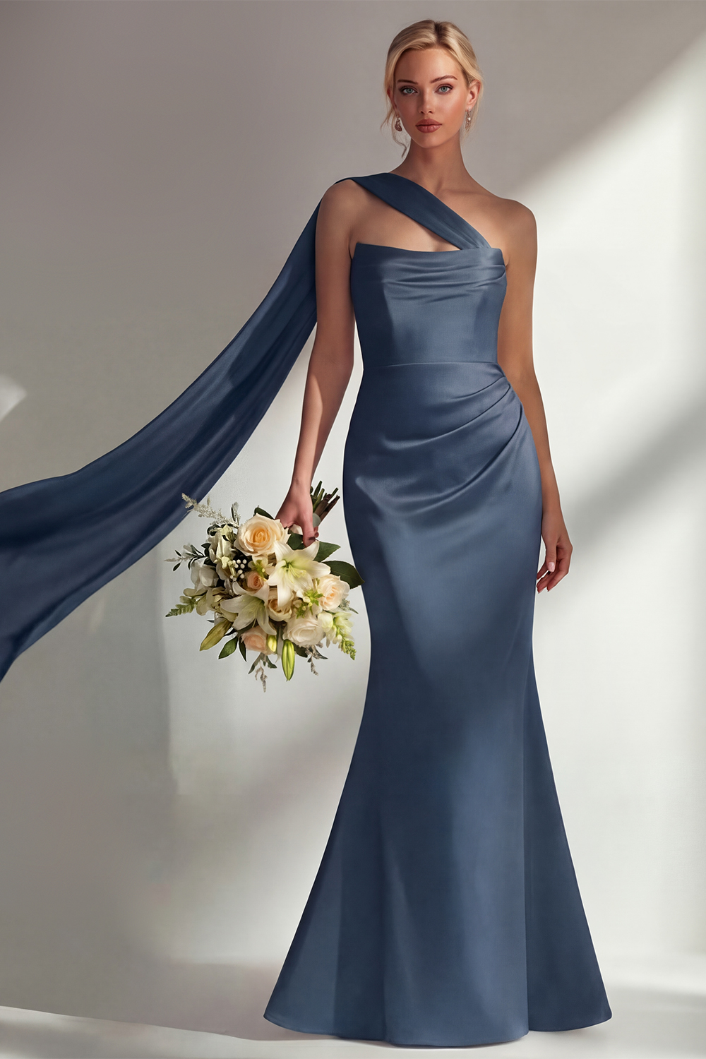 Elegant Burgundy Mermaid Neck Scarf Ruched Long Satin Prom Dress