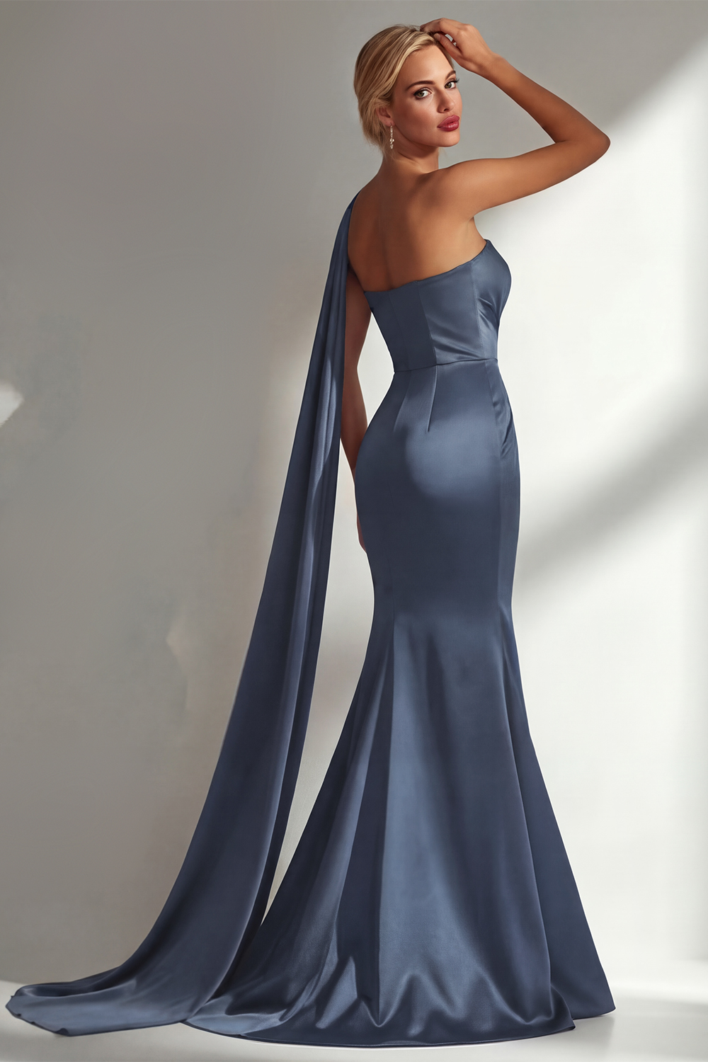 Elegant Burgundy Mermaid Neck Scarf Ruched Long Satin Prom Dress