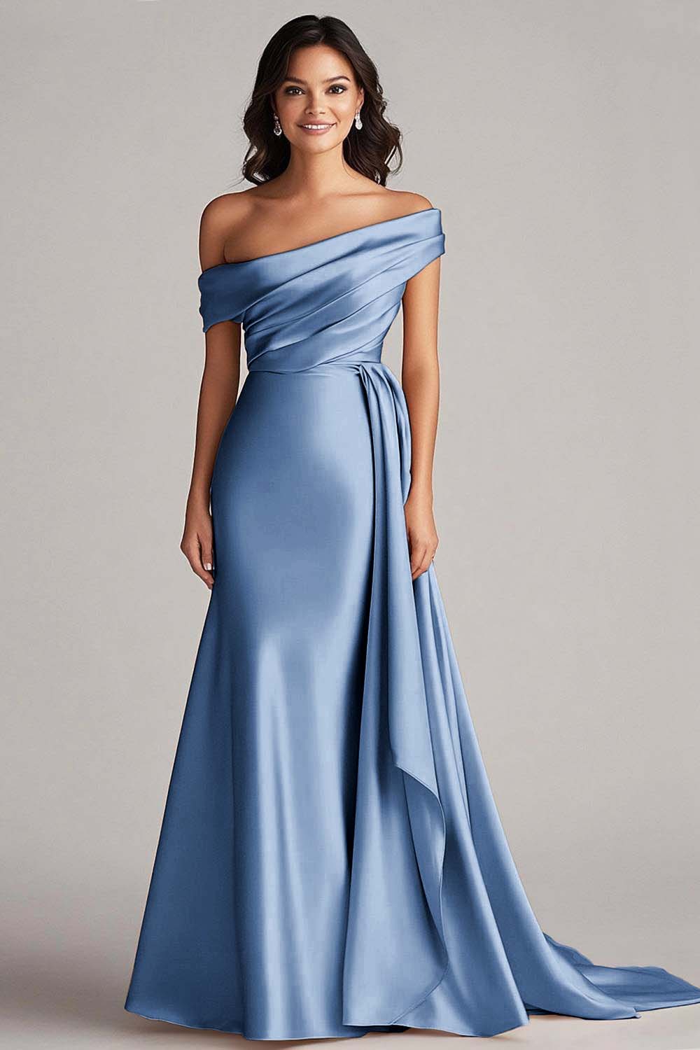 Off the Shoulder Elegant Champagne Long Formal Dress with Side Cape