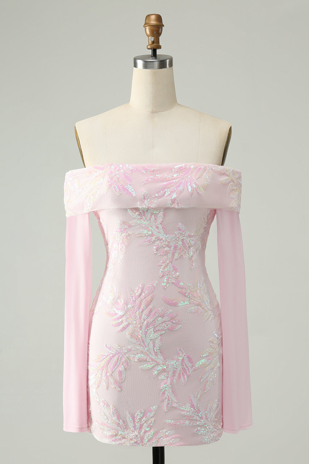 Sparkly Pink Off the Shoulder Sequins Bodycon Homecoming Dress with Long Sleeves