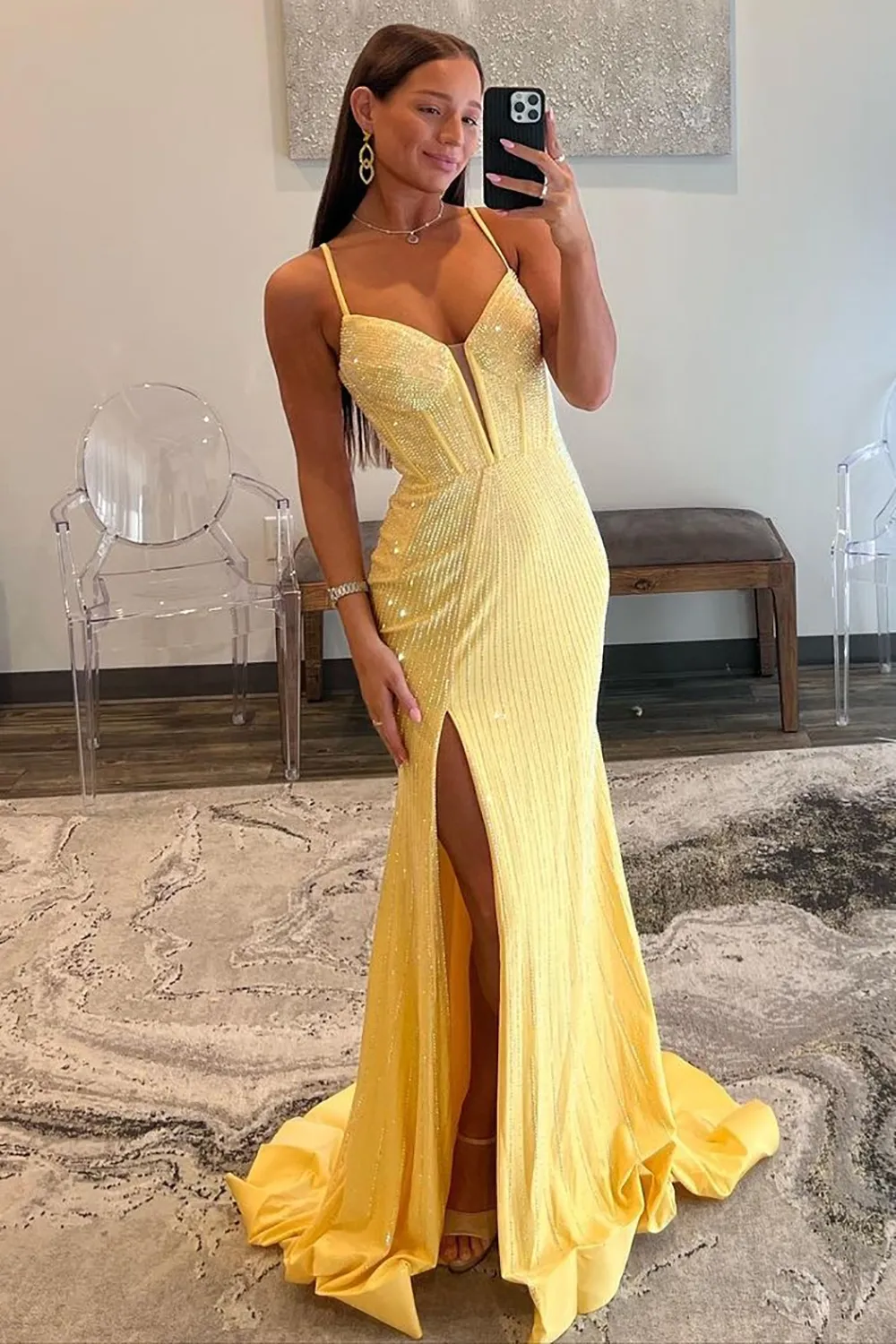 Glitter Yellow Spaghetti Straps Gala Dress Beaded Mermaid Pageant Dress Long Corset Prom Dress with Slit