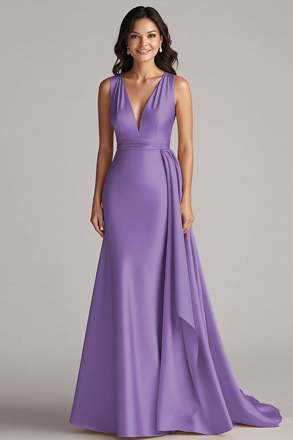 Champagne Deep V-Neck Sleeveless Long Satin Formal Dress