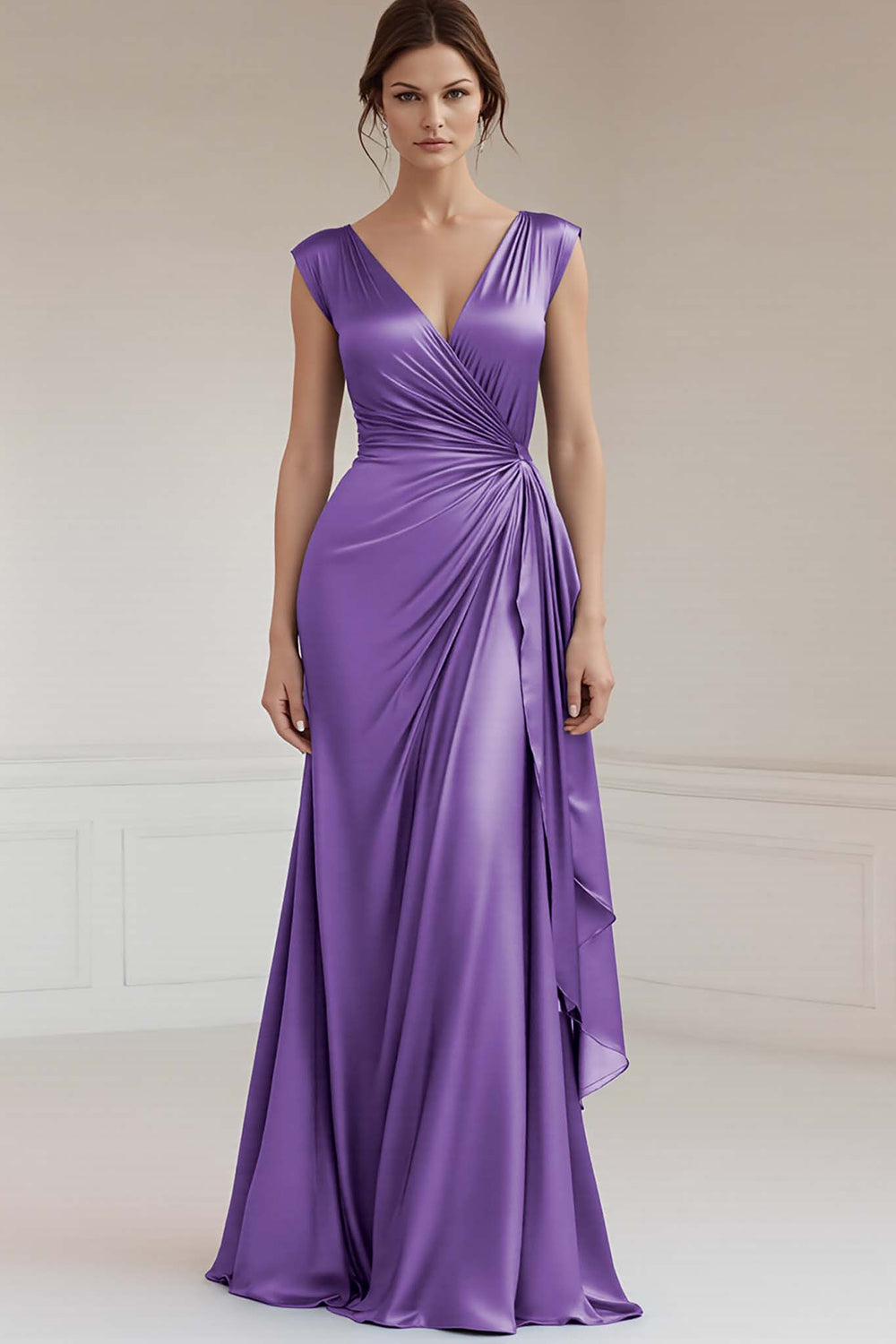 Peacock V-Neck Ruched Sheath Long Formal Dress with Ruffles