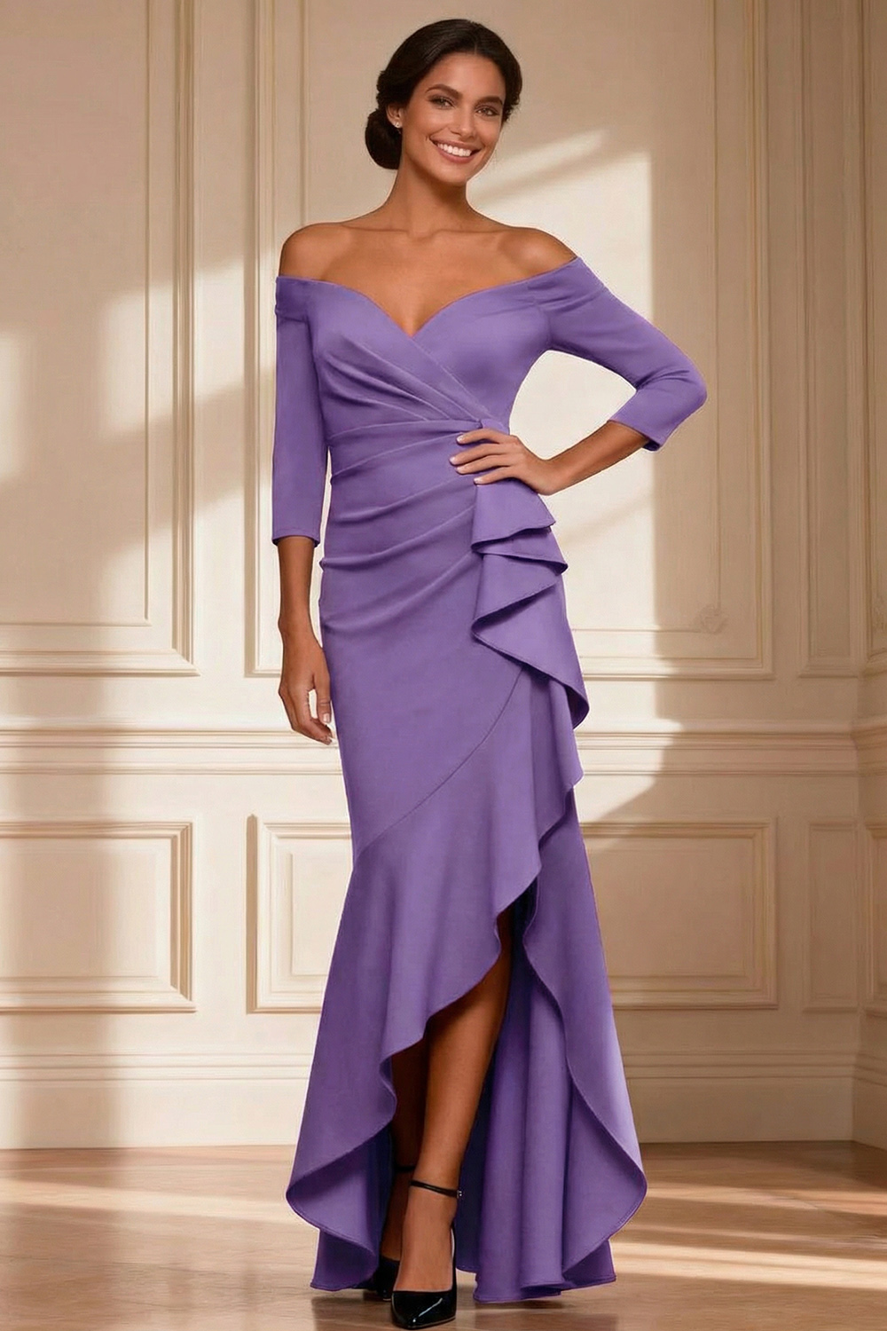 Burgundy Off the Shoulder Long Sleeves Mother of the Bride Dress with Ruffles