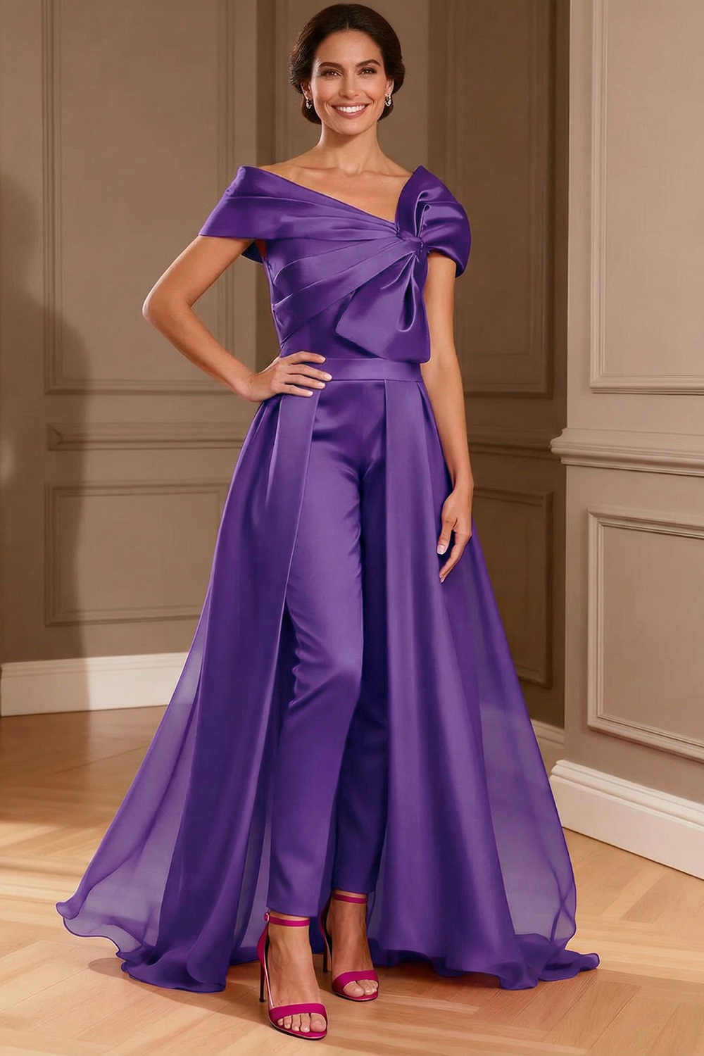Fuchsia Satin Asymmetrical Neck Mother of the Bride Jumpsuits with Cape