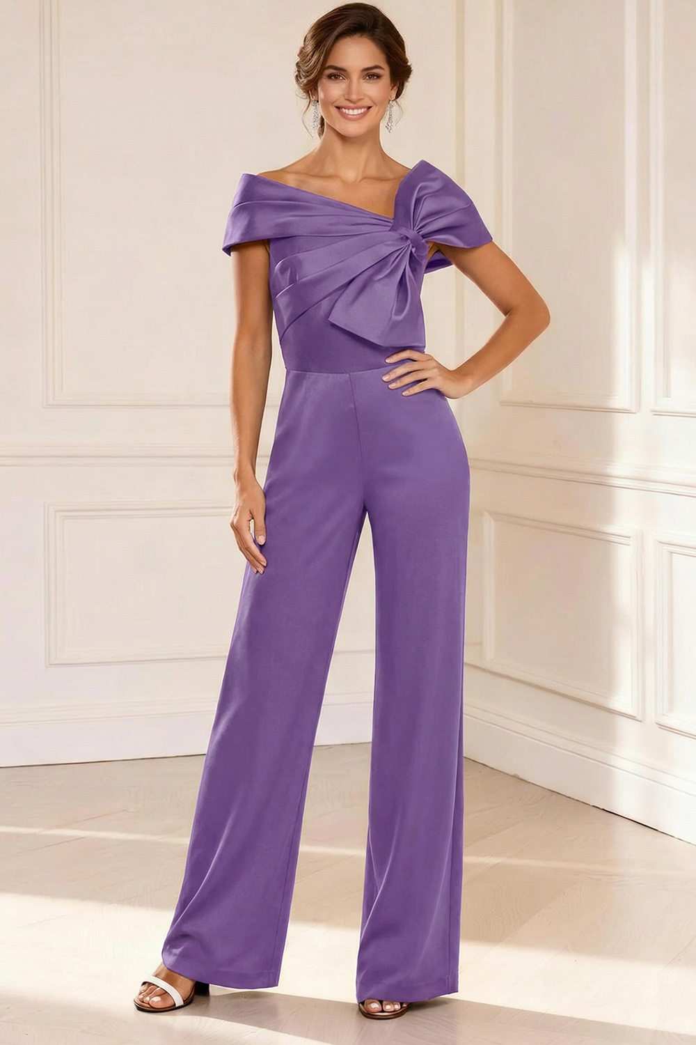 Black Asymmetrical Neck Satin Mother of the Bride Jumpsuits
