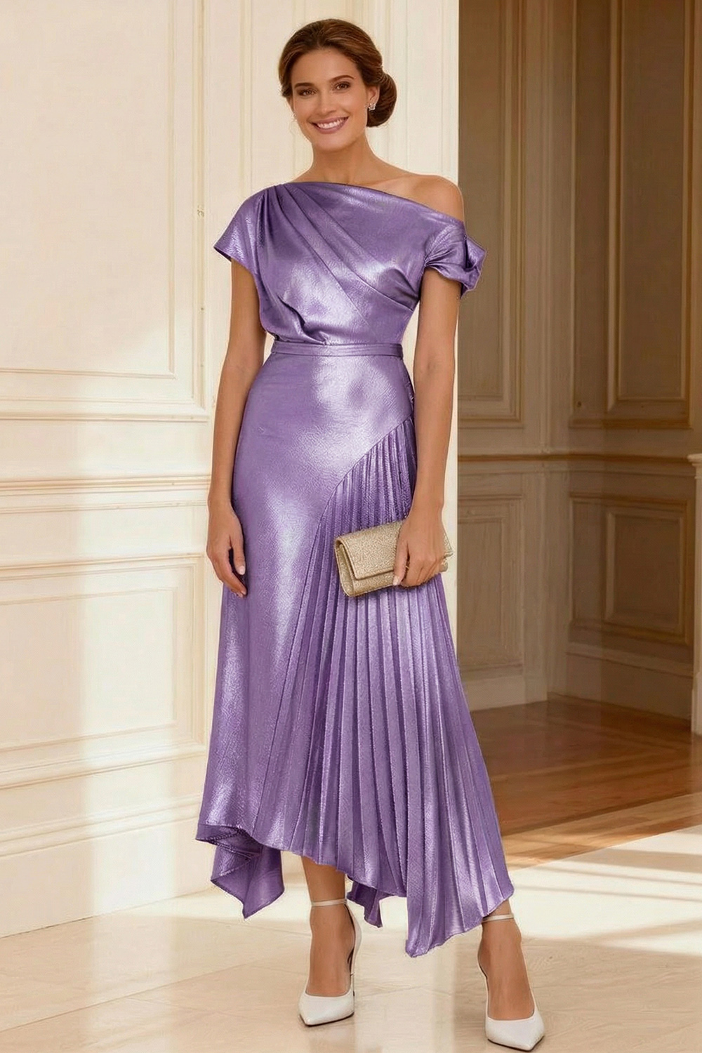 Silver A Line Asymmetrical Neck Pleated Ankle-Length Mother of the Bride Dress