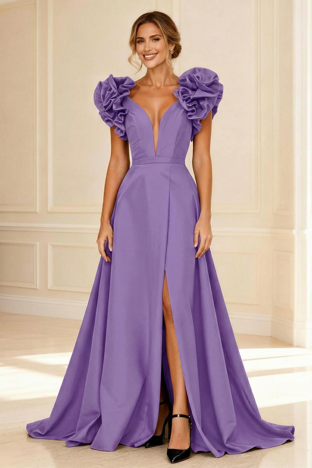 Black A-Line V-Neck Ruffled Long Mother of the Bride Dress