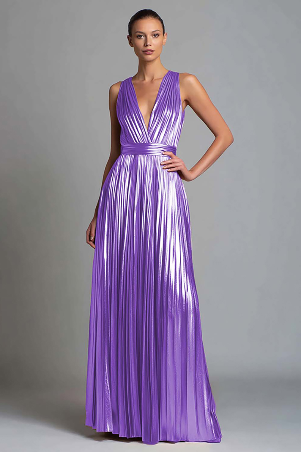 Sparkly Gold A-Line Metallic Pleated V-Neck Long Formal Dress