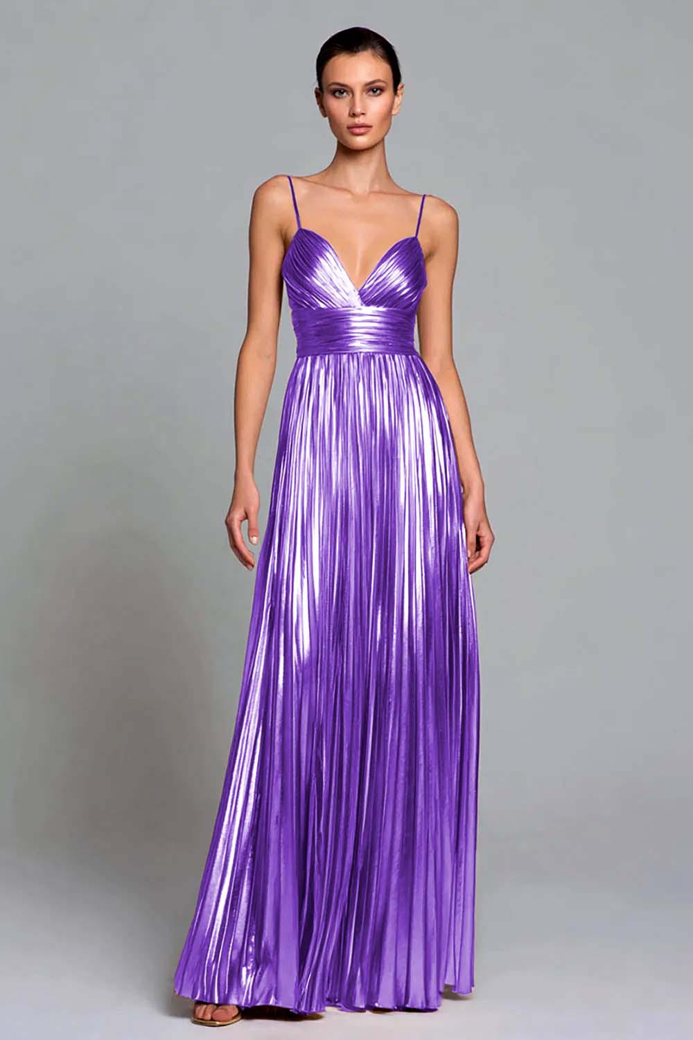 Sparkly Gold A-Line Metallic Pleated Spaghetti Straps Long Formal Dress