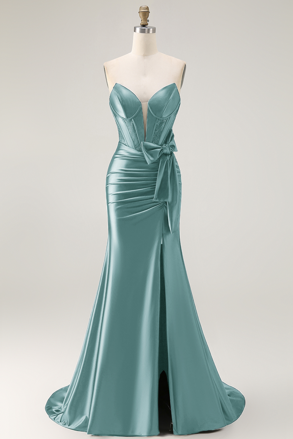 Navy Satin Strapless Mermaid Long Corset Prom Dress with Slit