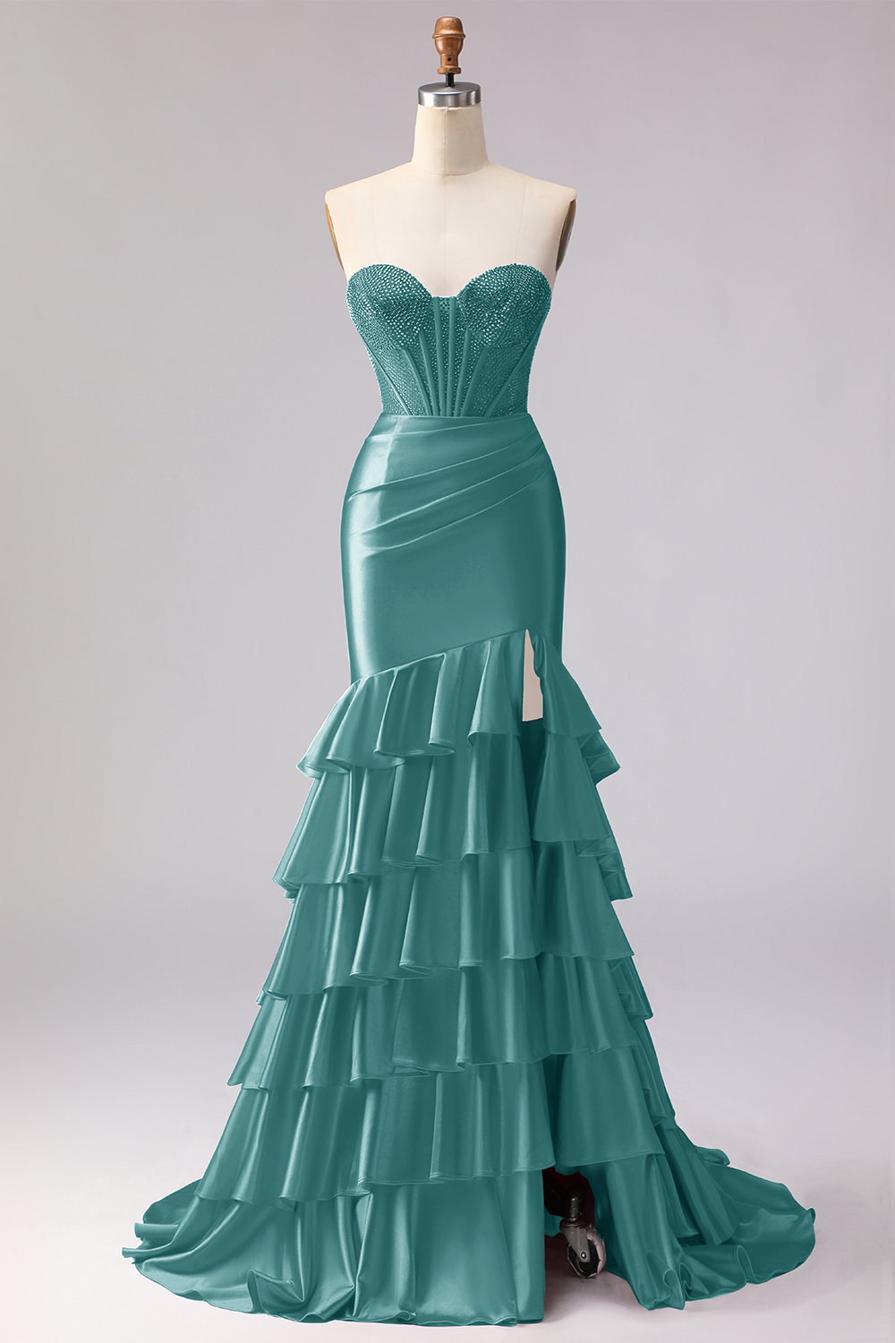 Sparkly Red Beaded Mermaid Sweetheart Ruffled Long Corset Prom Dress