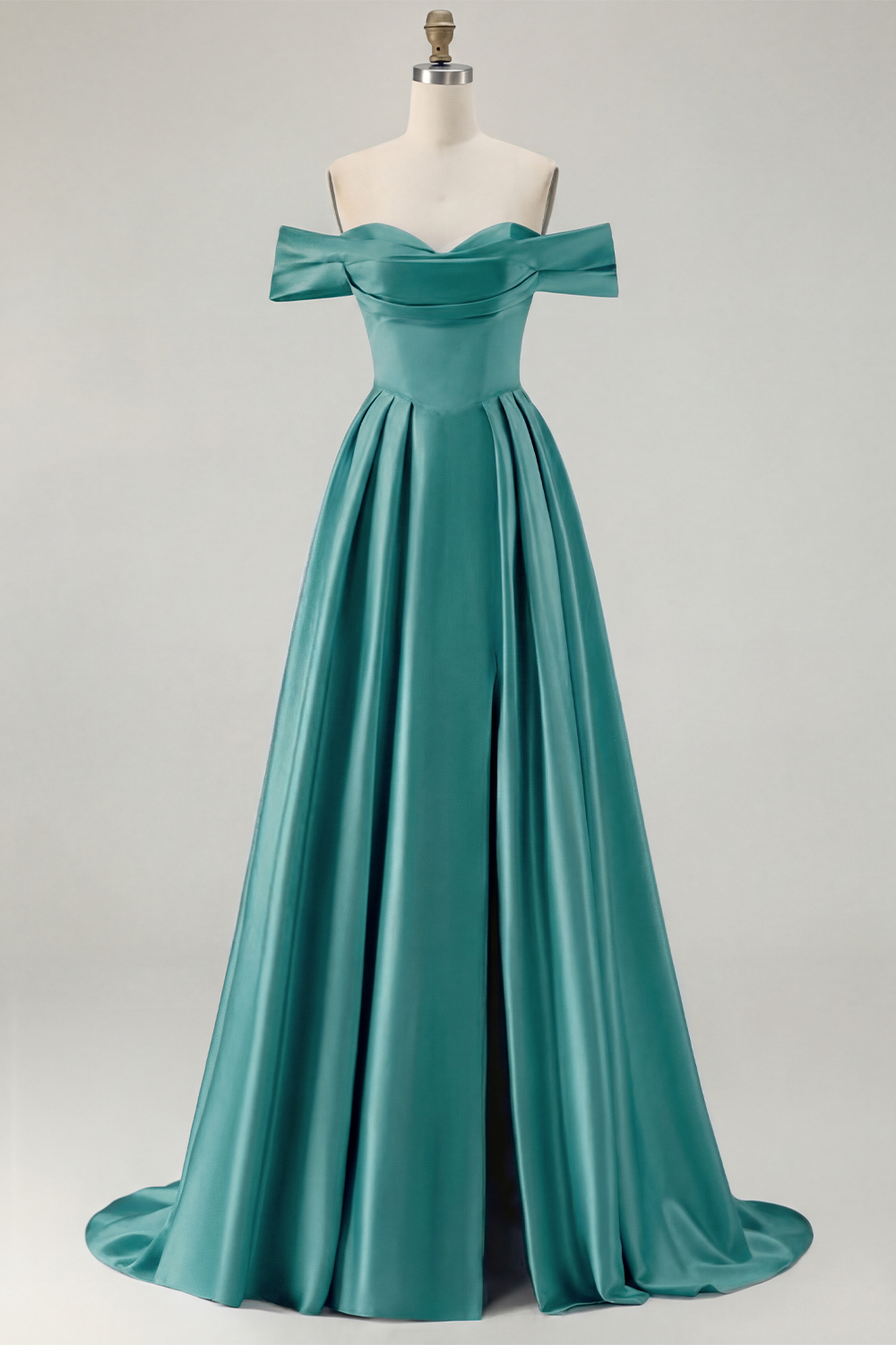 Blue A Line Off the Shoulder Long Satin Prom Dress with Slit