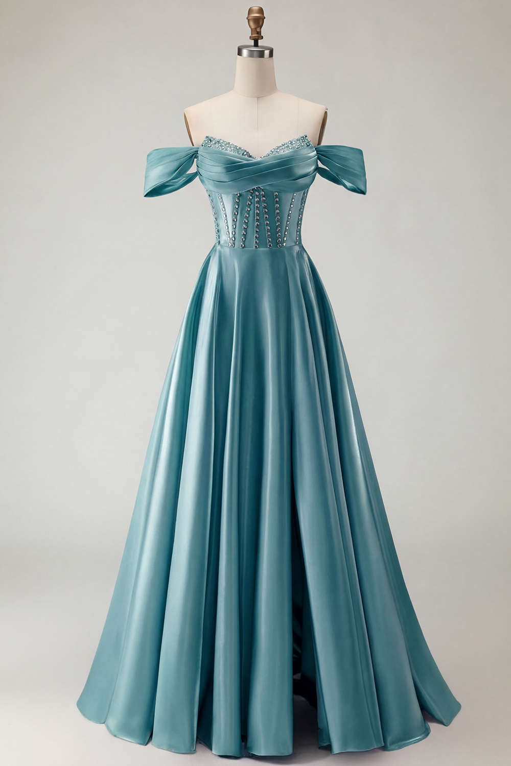 Sparkly Purple A-Line Satin Off the Shoulder Long Corset Prom Dress with Slit