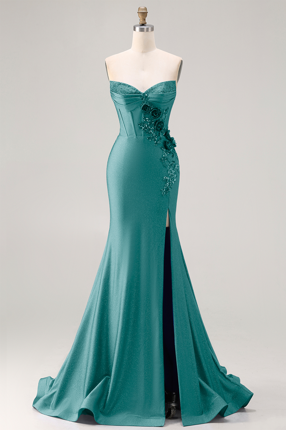 Sparkly Royal Blue Corset Satin Long Mermaid Prom Dress with Appliques