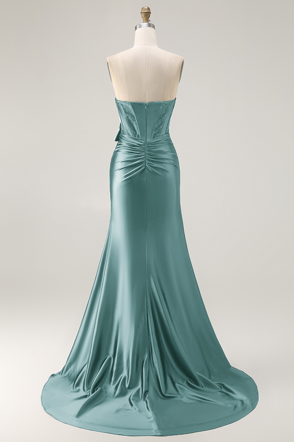 Navy Satin Strapless Mermaid Long Corset Prom Dress with Slit