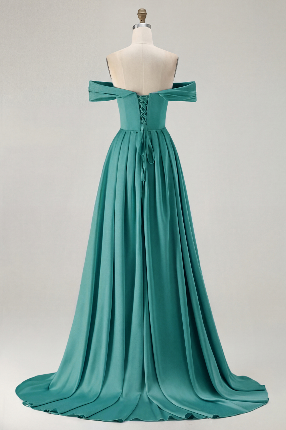 Blue A Line Off the Shoulder Long Satin Prom Dress with Slit