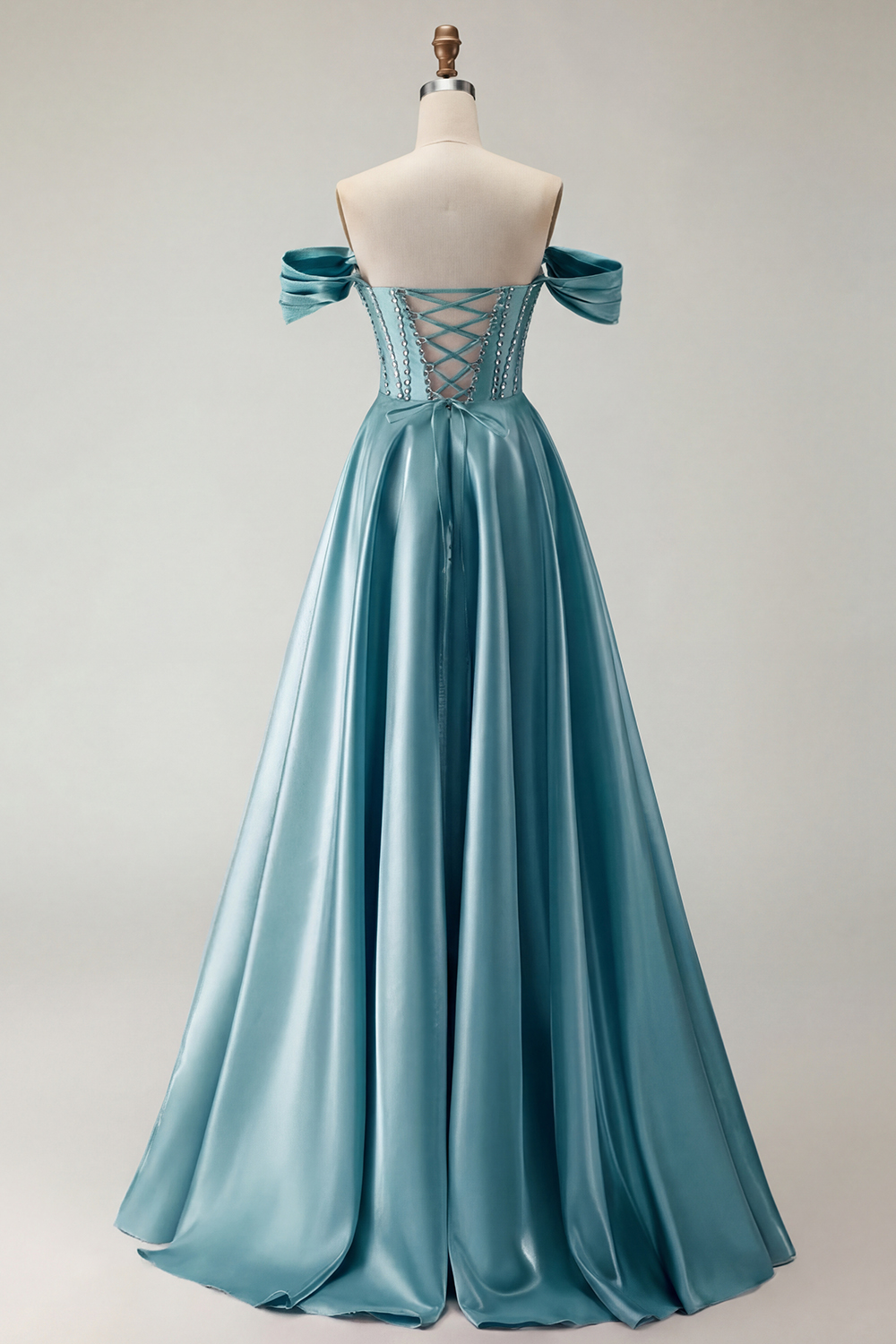 Sparkly Purple A-Line Satin Off the Shoulder Long Corset Prom Dress with Slit