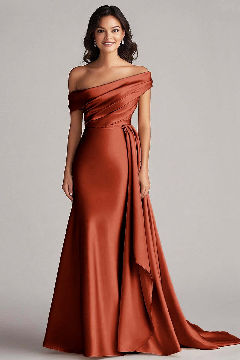 Off the Shoulder Elegant Champagne Long Formal Dress with Side Cape