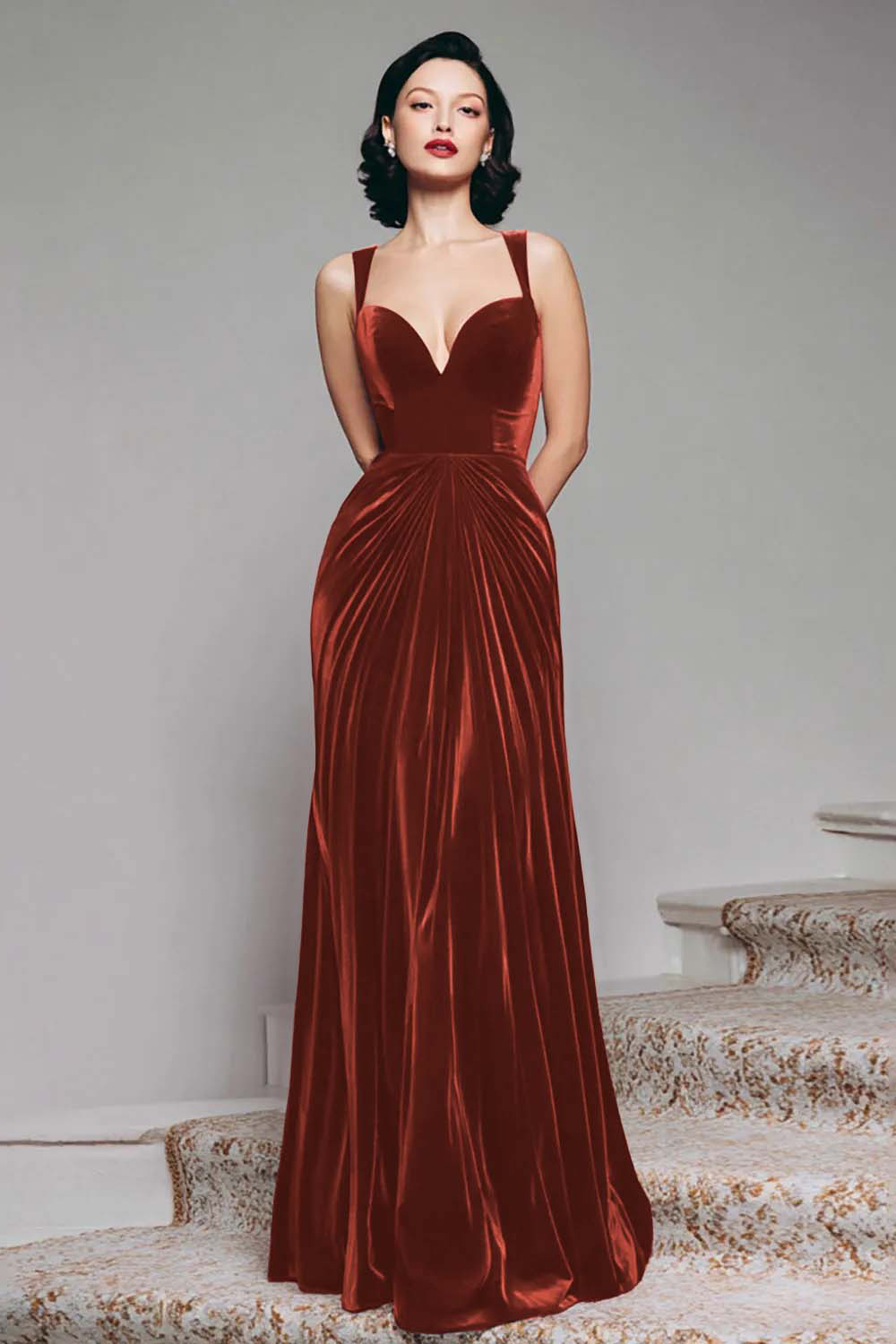 Elegant Burgundy Velvet Mermaid Thick Straps Long Holiday Party Dress