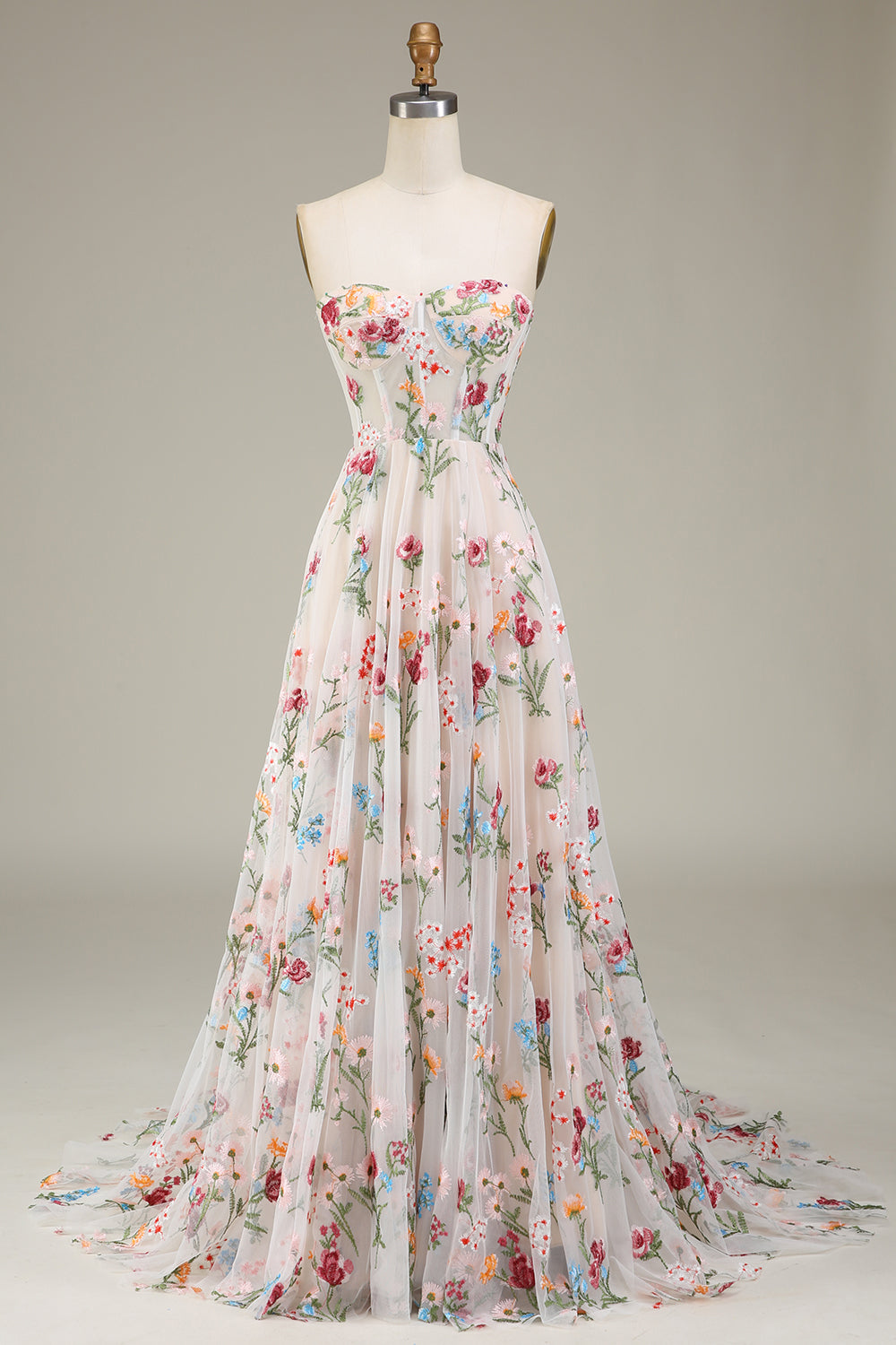 Ivory Sweetheart Tulle Embroidery A-Line Long Prom Dress with Sweep Train